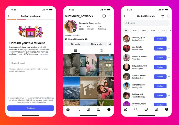 Instagram Adds College Class Listings on Student Profiles